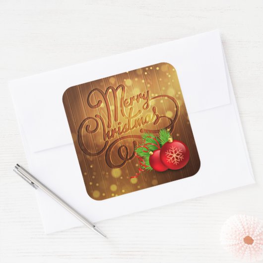 Rustic Merry-kerstboomplank Vierkante Sticker (Envelop)