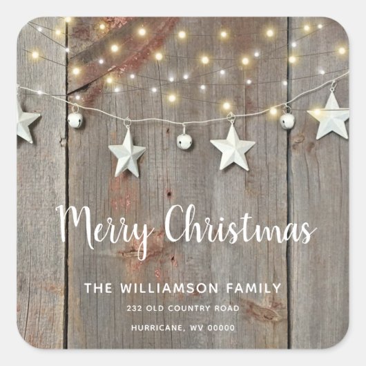 Rustic Merry Kerstmis Barn Wood String Lights Vierkante Sticker (Voorkant)