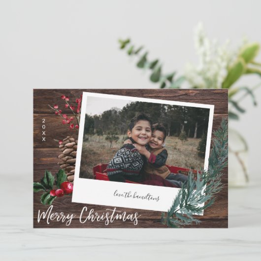Rustic Merry Kerstmis - Hout & Instant Photo Invi Kaart (Staand voorkant)