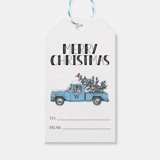 Rustic Merry Kerstmis  Truck Monogramed Cadeaulabel (Voorkant)