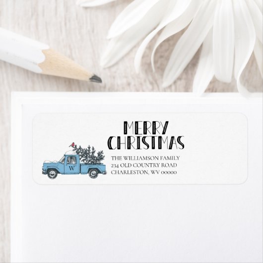 Rustic Merry Kerstmis  Truck Monogramed Etiket (Insitu)