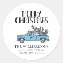Rustic Merry Kerstmis  Truck Monogramed Ronde Sticker