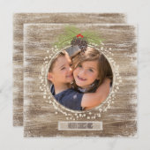 Rustic Merry Kerstpine Branch & Wood 2 Foto Feestdagenkaart (Voorkant / Achterkant)