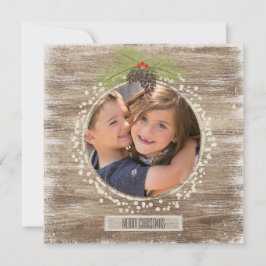Rustic Merry Kerstpine Branch & Wood 2 Foto Feestdagenkaart