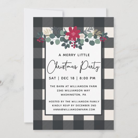 Rustic Merry Little Christmas Party Floral Plaid Kaart (Voorkant)