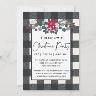 Rustic Merry Little Christmas Party Floral Plaid Kaart