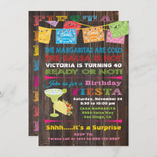 Rustic Mexican Fiesta Birthday Party Invitation Kaart (Voorkant / Achterkant)