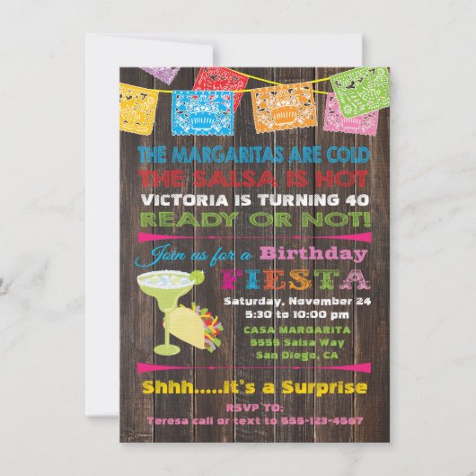 Rustic Mexican Fiesta Birthday Party Invitation Kaart (Voorkant)