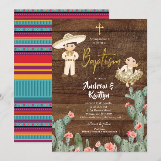 Rustic Mexican Gold Charro Boy Girl Twin Bautizo Kaart (Voorkant / Achterkant)