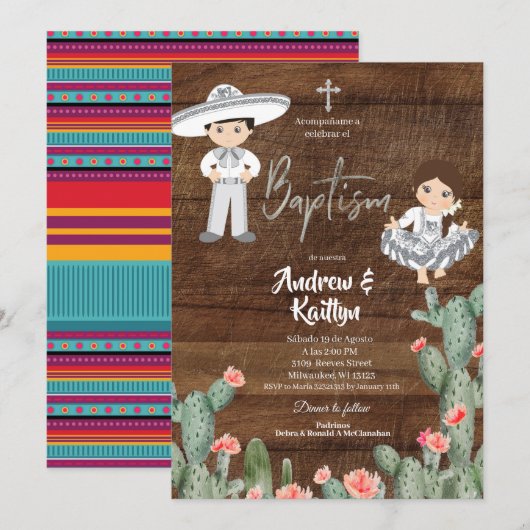 Rustic Mexican Silver Charro Boy Girl Twin Baptism Kaart (Voorkant / Achterkant)