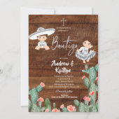 Rustic Mexican Silver Charro Boy Girl Twin Bautizo Kaart (Voorkant)