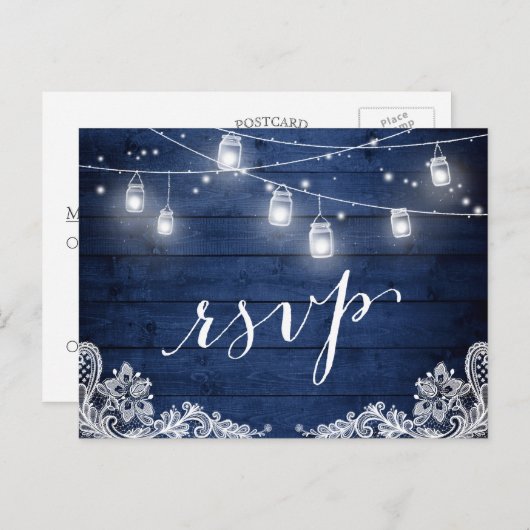 Rustic Midnight Blue Mason Jar Lights Wedding RSVP Uitnodiging Briefkaart (Voorkant / Achterkant)