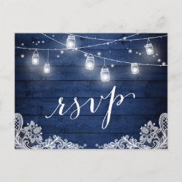 Rustic Midnight Blue Mason Jar Lights Wedding RSVP Uitnodiging Briefkaart