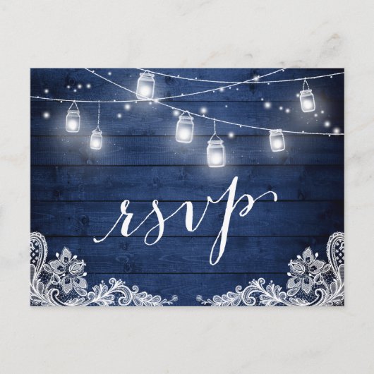 Rustic Midnight Blue Mason Jar Lights Wedding RSVP Uitnodiging Briefkaart (Voorkant)