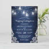 Rustic Midnight Blue String Lights Lace Wedding Kaart (Staand voorkant)
