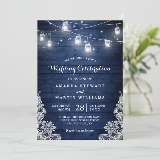 Rustic Midnight Blue String Lights Lace Wedding Kaart (Staand voorkant)