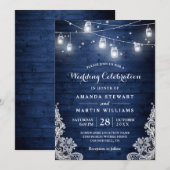 Rustic Midnight Blue String Lights Lace Wedding Kaart (Voorkant / Achterkant)