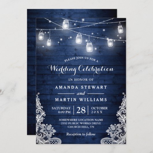Rustic Midnight Blue String Lights Lace Wedding Kaart (Voorkant / Achterkant)