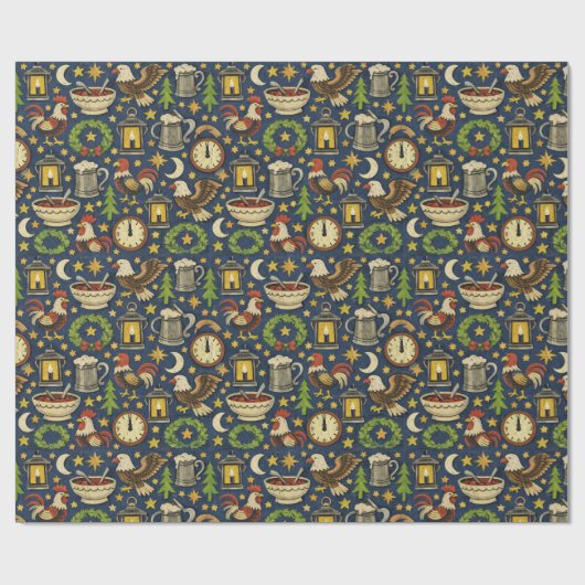 Rustic Midnight Revelry Folk Pattern Cadeaupapier (Vlak)