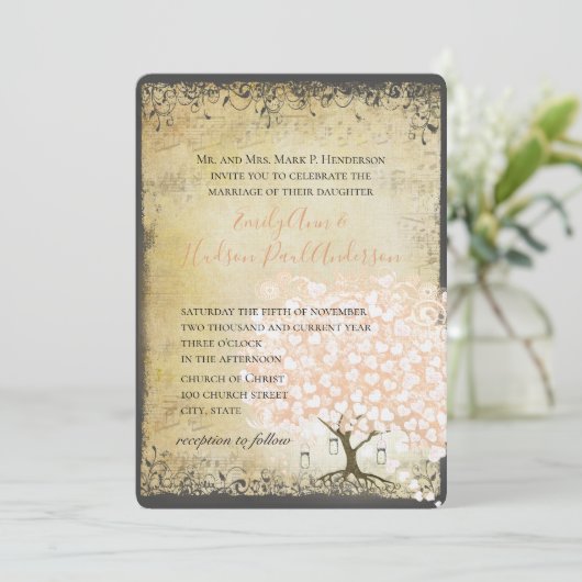 Rustic Millennium roze Heart Leaf Tree Wedding Kaart (Staand voorkant)