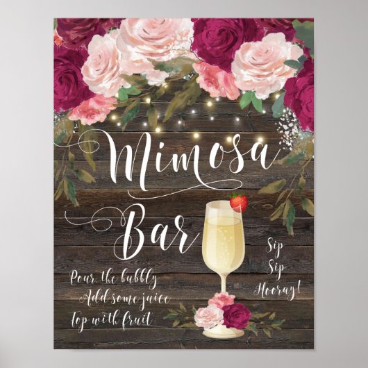 Rustic Mimosa Bar Wedding Sign Burgundy Pink Poster (Voorkant)