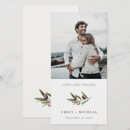 Rustic Minimal Olive Branch Foliage Wedding Photo Bedankkaart (Voorkant / Achterkant)