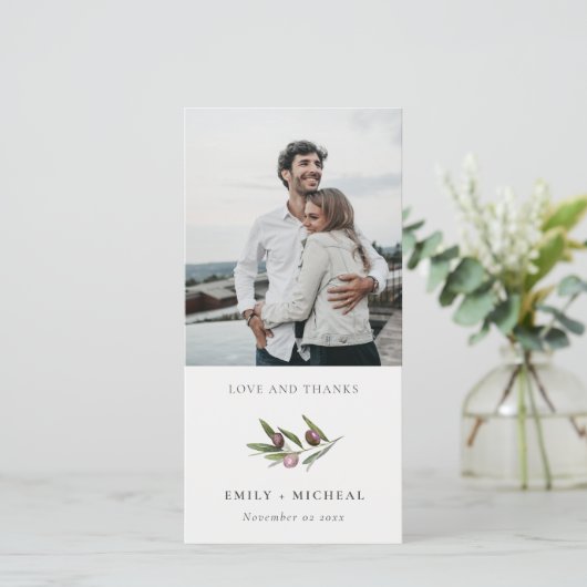 Rustic Minimal Olive Branch Foliage Wedding Photo Bedankkaart (Staand voorkant)