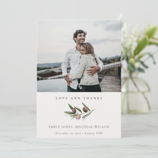Rustic Minimal Olive Branch Foliage Wedding Photo Bedankkaart (Staand voorkant)