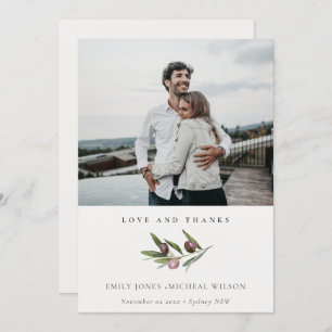 Rustic Minimal Olive Branch Foliage Wedding Photo Bedankkaart