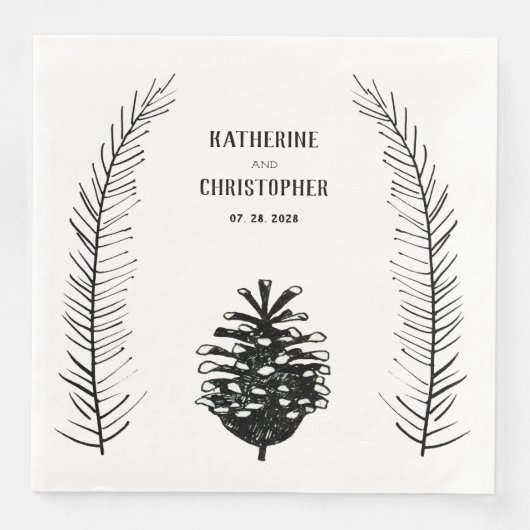 Rustic Minimalist Drawn Pine Cone Spruce Branches Servet (Voorkant)