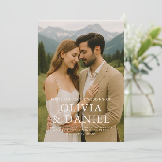 Rustic Minimalist Simple Photo Wedding Invitation Kaart (Staand voorkant)