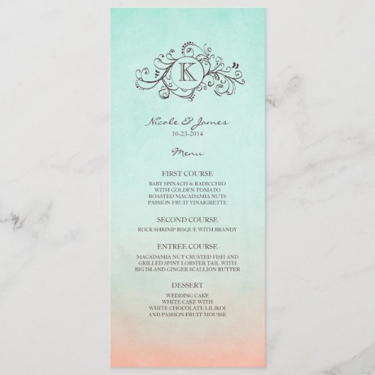 Rustic Mint en Peach Bohemian Wedding Menu (Voorkant)