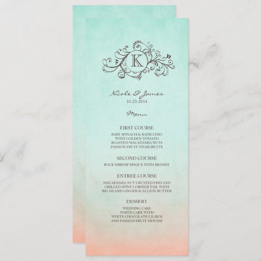 Rustic Mint en Peach Bohemian Wedding Menu (Voorkant / Achterkant)