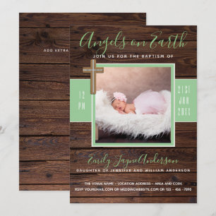 Rustic Mint   FOTO BAPTISM Invite Elegant Wood Kaart