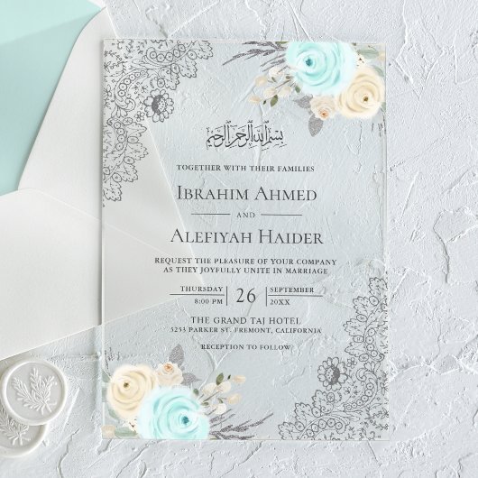 Rustic Mint Green Floral Lace Muslim Wedding Acryl Uitnodigingen