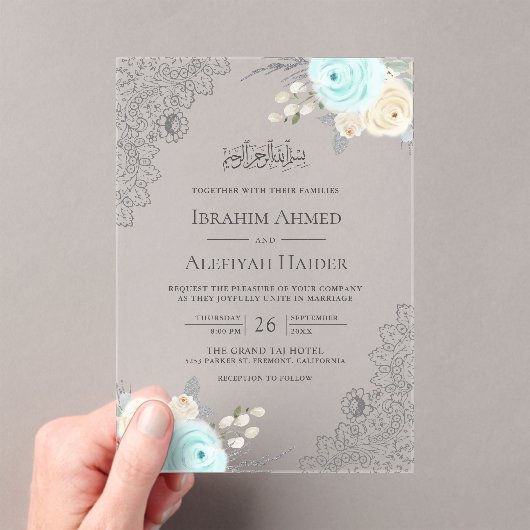 Rustic Mint Green Floral Lace Muslim Wedding Acryl Uitnodigingen (Insitu (Draagbaar))
