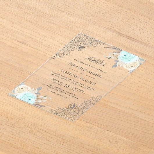Rustic Mint Green Floral Lace Muslim Wedding Acryl Uitnodigingen (Laagn)