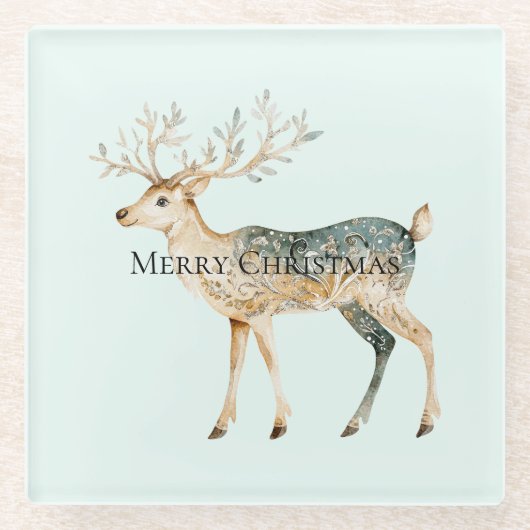Rustic Mint Green Gold Cream Christmas Deer Glazen Onderzetter (Voorkant)