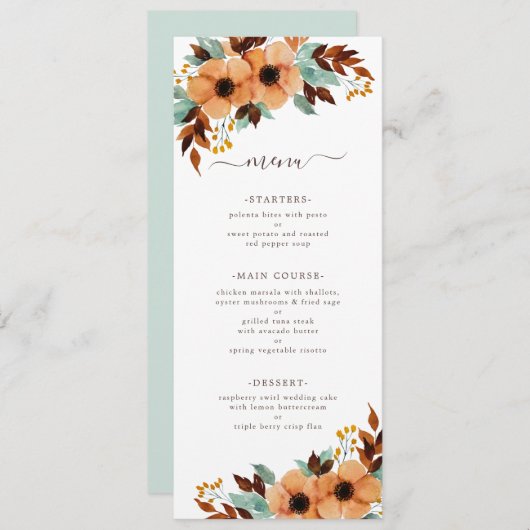 Rustic Mint Green Waterverf Floral Wedding Menu (Voorkant / Achterkant)