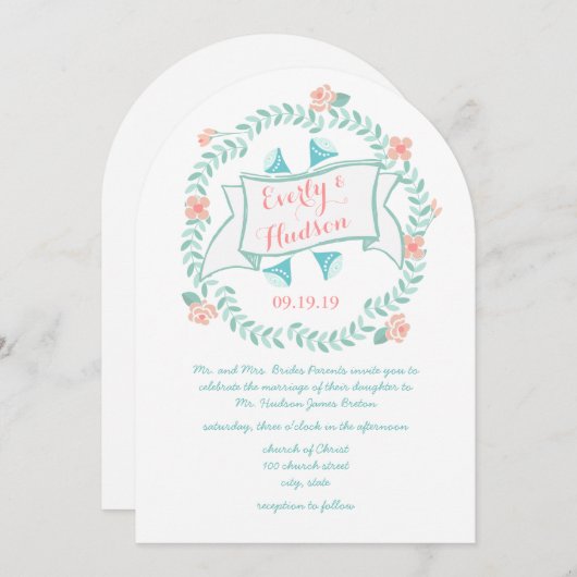 Rustic Mint Peach Coral  Floral Garland Kaart (Voorkant / Achterkant)