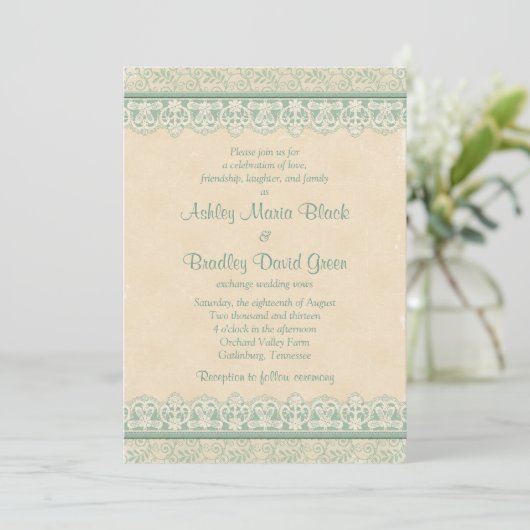 Rustic Mint Sage Ivory Lace Parchment Wedding Kaart (Staand voorkant)