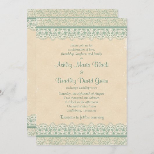 Rustic Mint Sage Ivory Lace Parchment Wedding Kaart (Voorkant / Achterkant)