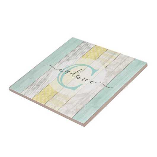 Rustic Mint & Yellow Boho Geo Modern, gepersonalis Tegeltje (Zijkant)