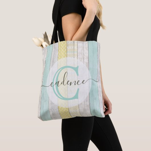 Rustic Mint & Yellow Boho Geo Modern Personalized Tote Bag (Dichtbij)