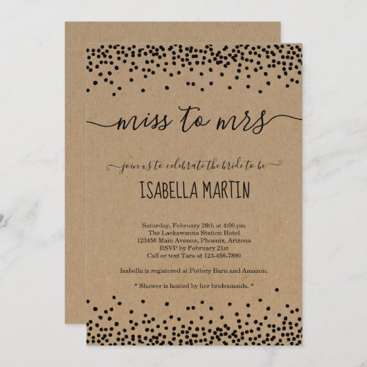 Rustic Miss to Mrs Bridal Shower Uitnodiging -Kraf (Voorkant / Achterkant)