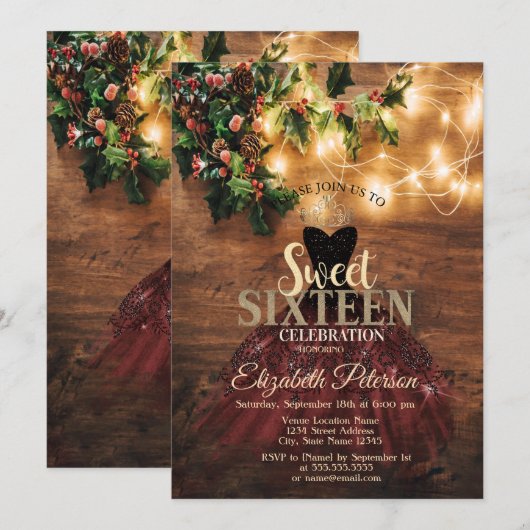 Rustic Mistletoe Lights, Burgundy Dress Sweet 16 Kaart (Voorkant / Achterkant)
