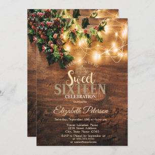 Rustic Mistletoe, String Lights, Wood Sweet 16 Par Kaart