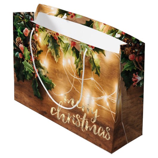 Rustic Mistletoe, String Lights, Wood, Vakantie Groot Cadeauzakje (Achterkant Gekanteld)