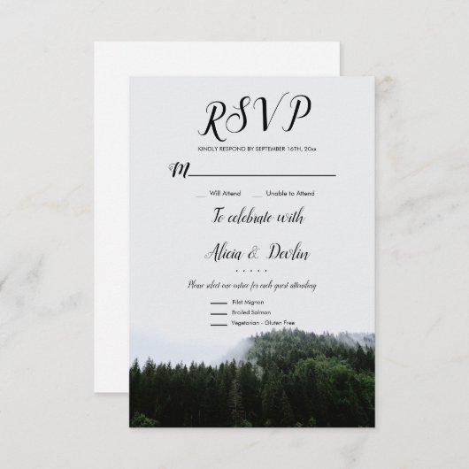 Rustic Misty Foggy Pine Trees Rain Forest Rsvp (Voorkant / Achterkant)