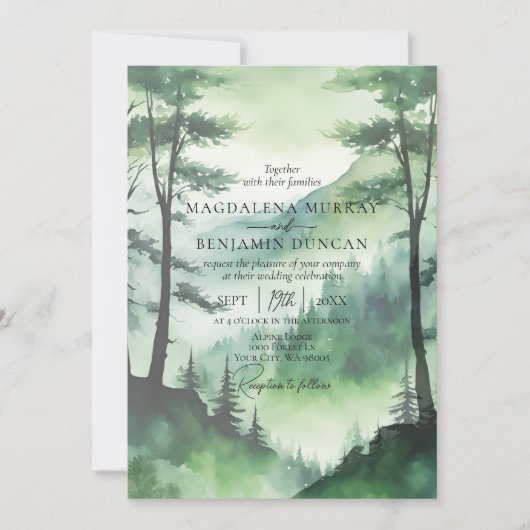 Rustic Misty Mountains Pine Trees QR Code Huwelijk Kaart (Voorkant)